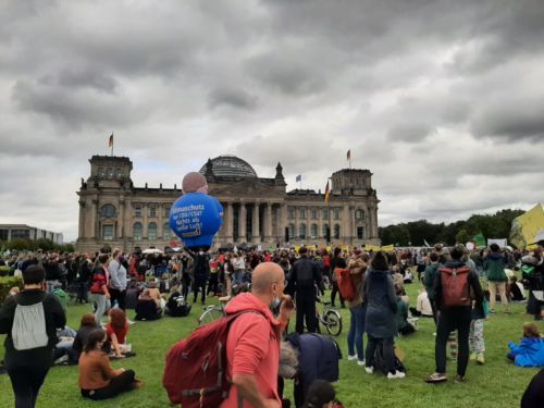 Menschen demonstrieren vor dem Reichstag für das Klima